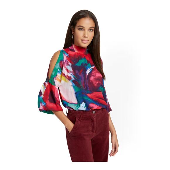 New York & Company Women's Printed Cold-Shoulder Balloon-Sleeve Blouse Size M - Picture 1 of 11